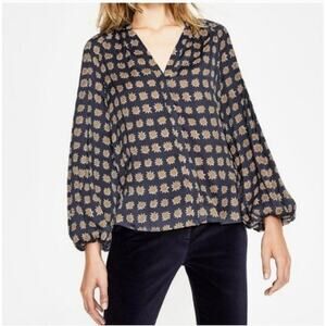 Boden Harriet Blouse Navy and Tan Print Pattern with Bishop Sleeve Size 12